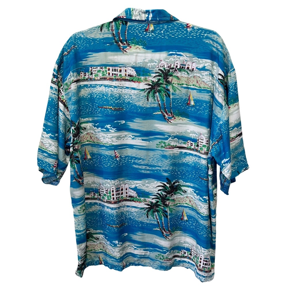 Royale Mens Large Blue Tropical Island Scenic Rayon Aloha Camp Shirt Made in USA